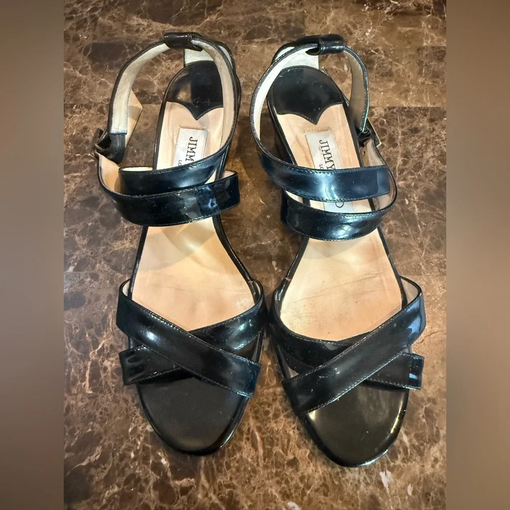 Jimmy Choo. Black Patent Connor Wedge Sandals. Size 37.